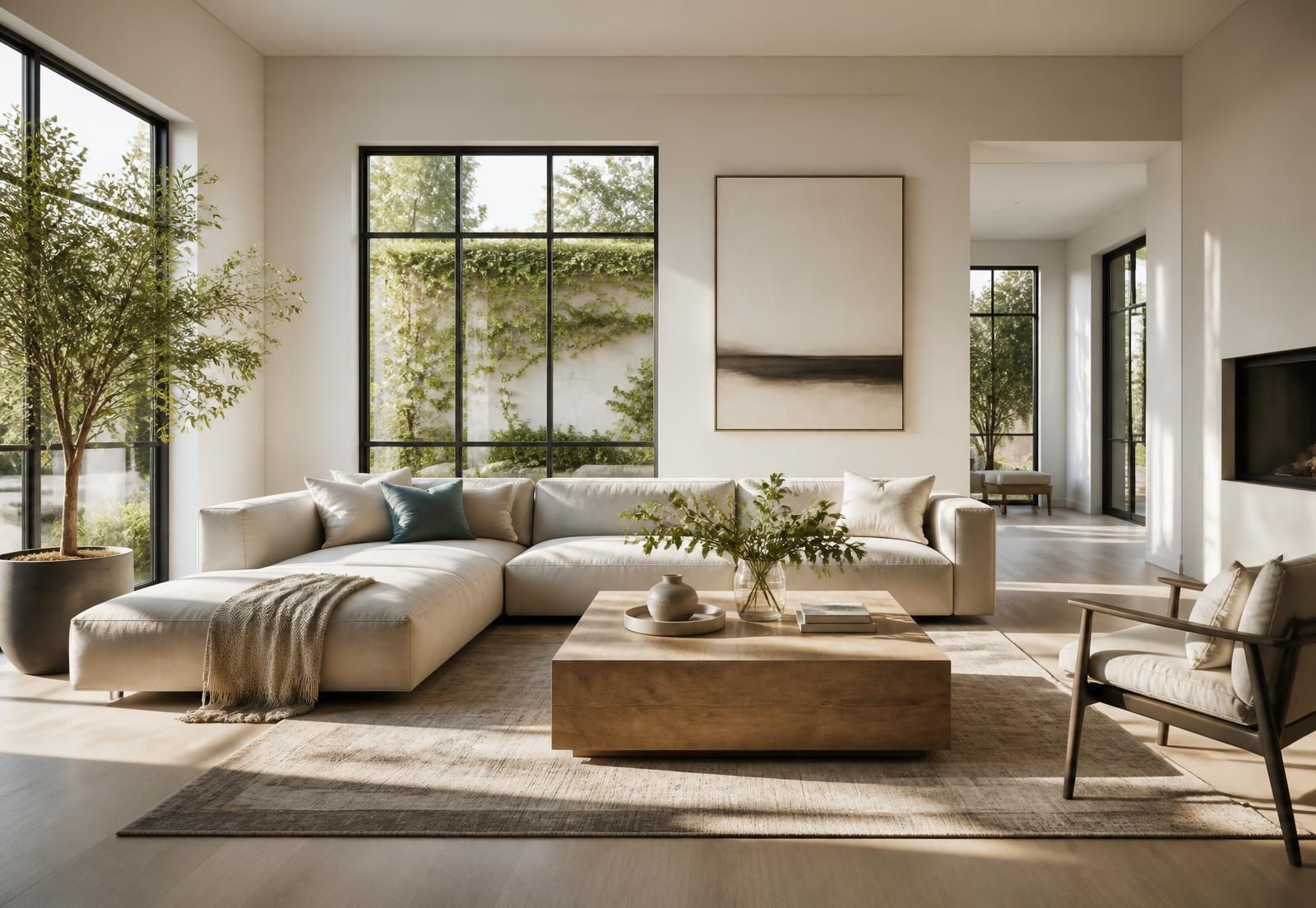 Bright, freshly cleaned modern living room with sunlight through large windows